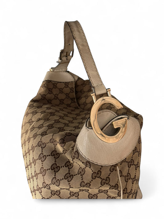 Gucci GG Canvas White Leather Trim Charlotte Hobo bag