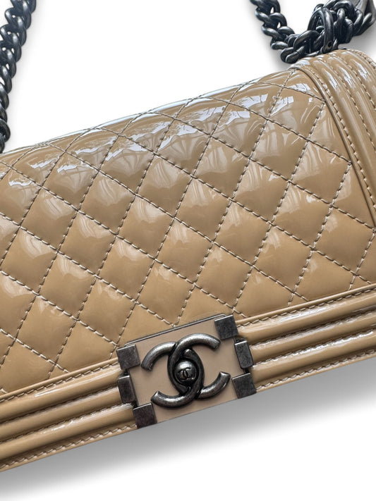 Beige Patent Leather Chanel Medium Boy Bag
