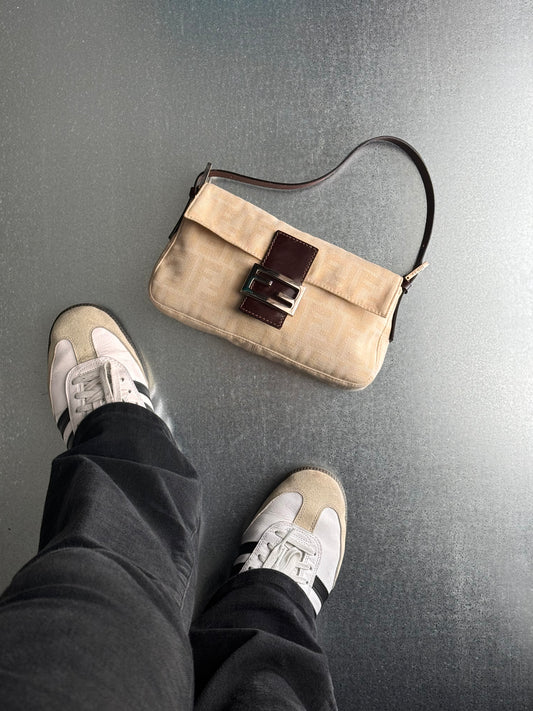 Vintage Fendi Cream Canvas Zucca Baguette Shoulder Bag