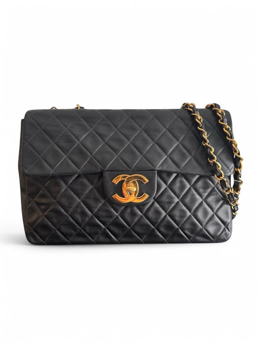 90s Chanel Black Lambskin Leather Maxi with 24k GHW