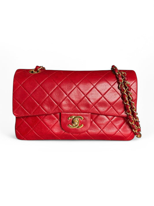 90s Chanel Red Lambskin Small Double Flap Shoulder Bag with 24k GHW