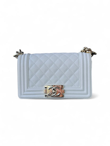Small White Caviar Leather Chanel Boy Brass HW