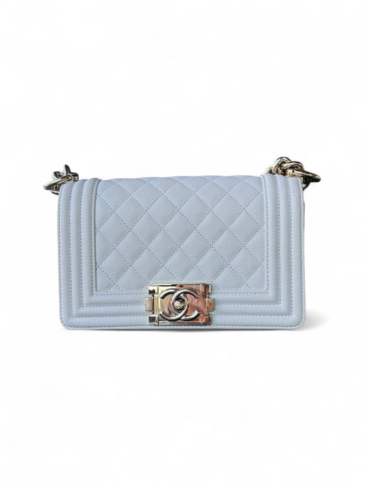 Small White Caviar Leather Chanel Boy Brass HW