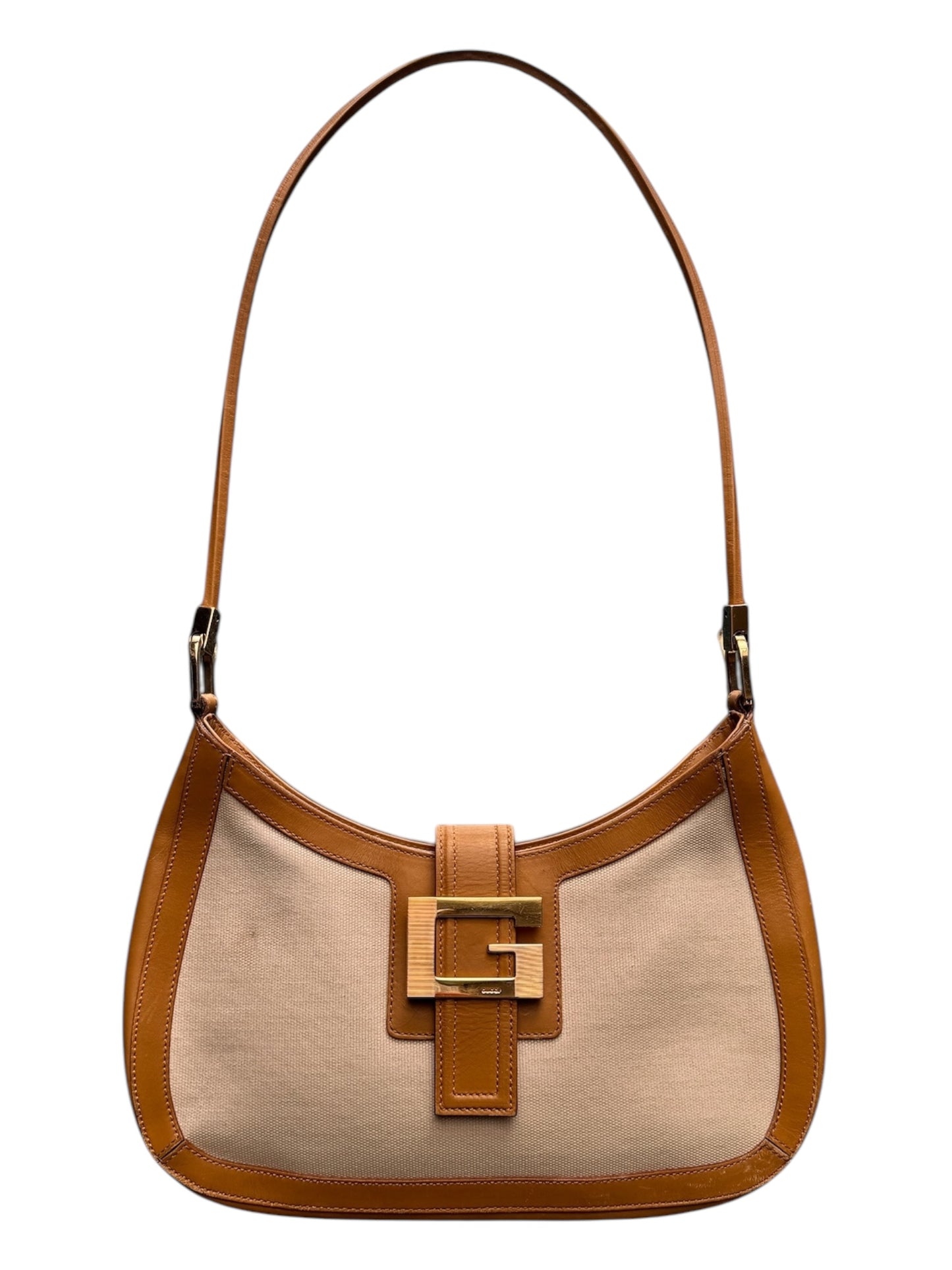 Vintage Tan Leather & Canvas Gucci G Square Buckle Bag