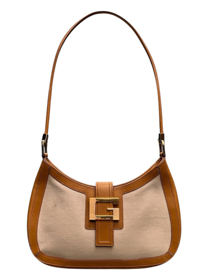 Vintage Tan Leather & Canvas Gucci G Square Buckle Bag