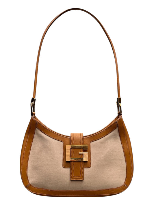 Vintage Tan Leather & Canvas Gucci G Square Buckle Bag