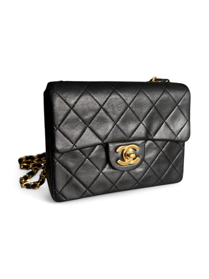 90s Chanel Black Lambskin Mini Square Bag with 24K GHW