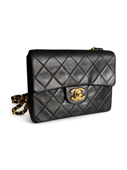 90s Chanel Black Lambskin Mini Square Bag with 24K GHW