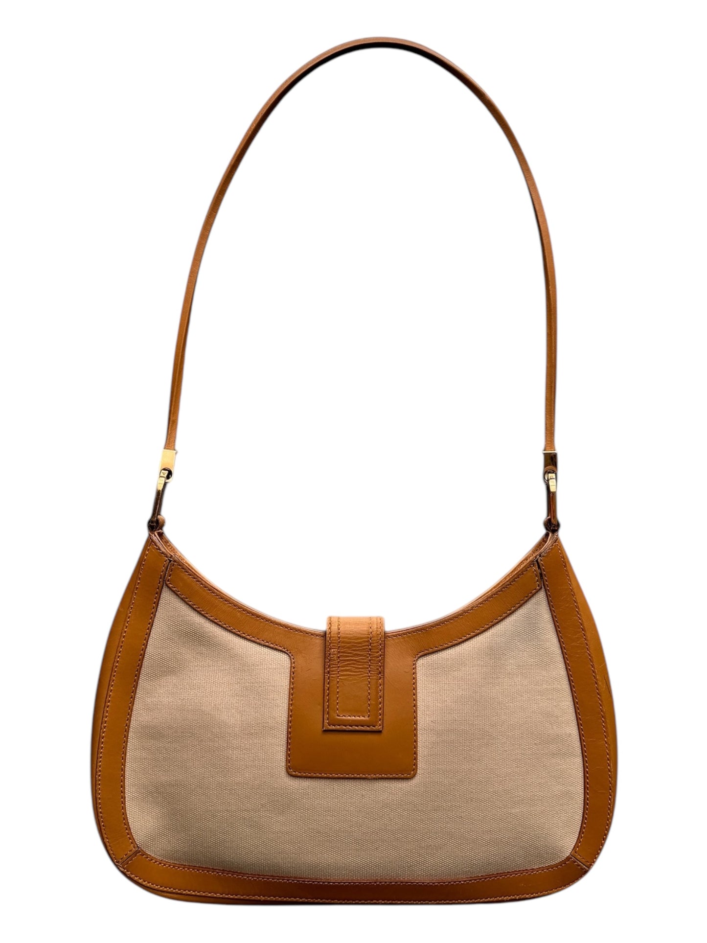 Vintage Tan Leather & Canvas Gucci G Square Buckle Bag