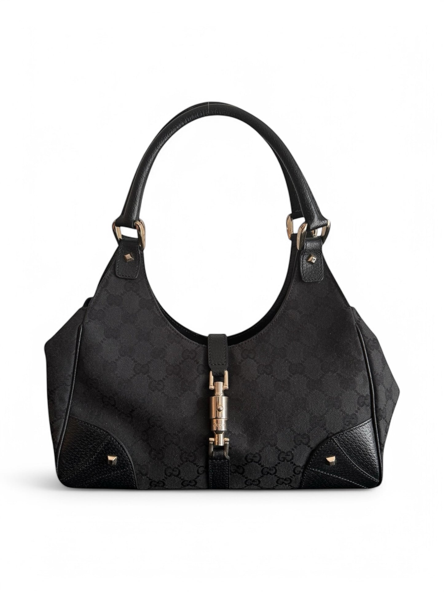 Vintage Gucci Black Leather & Monogram Piston Clasp Closure Jackie Bag