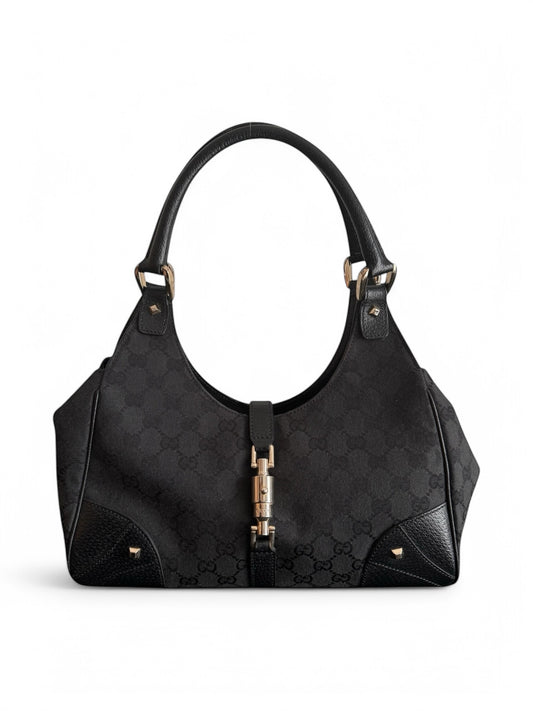 Vintage Gucci Black Leather & Monogram Piston Clasp Closure Jackie Bag