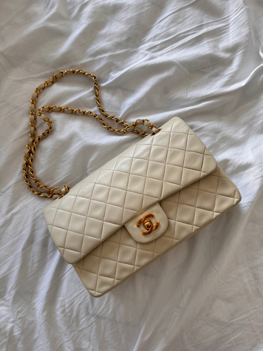90s Chanel Beige Lambskin Medium Double Flap Shoulder Bag with 24k GHW