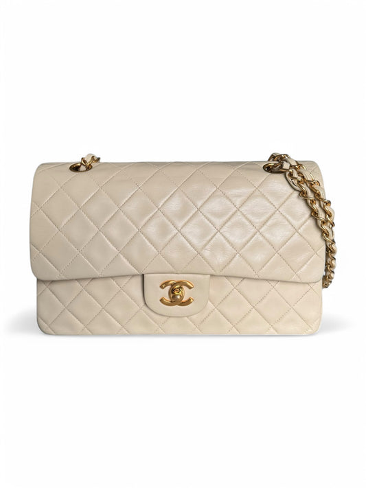 90s Chanel Beige Lambskin Medium Double Flap Shoulder Bag with 24k GHW