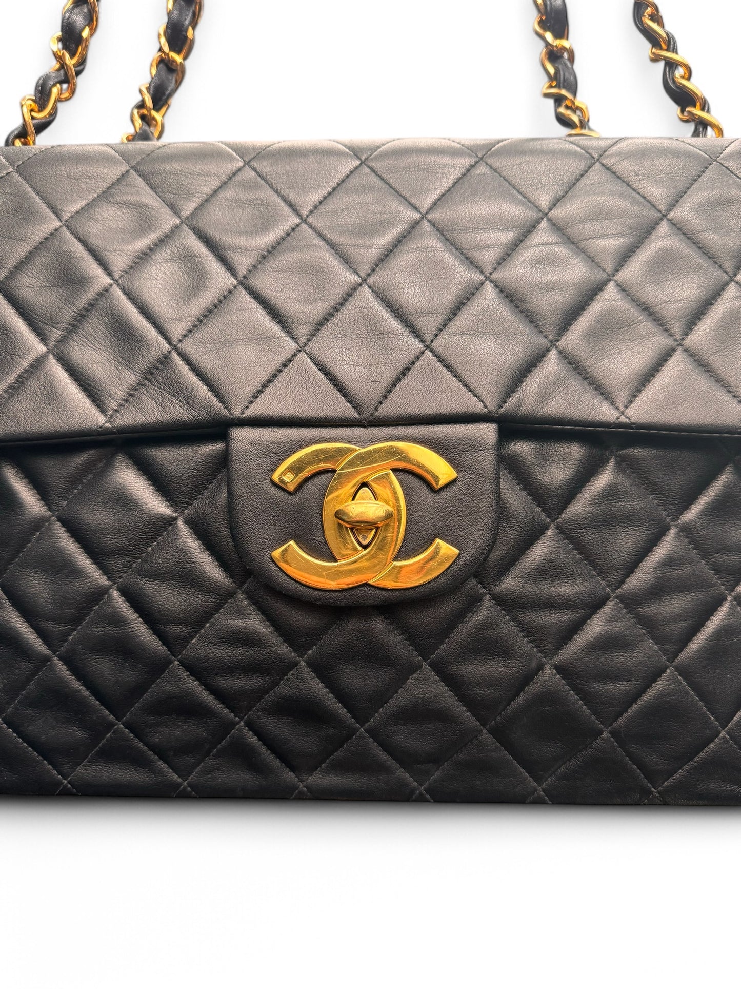 90s Chanel Black Lambskin Leather Maxi with 24k GHW
