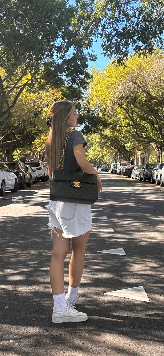90s Chanel Black Lambskin Leather Maxi with 24k GHW