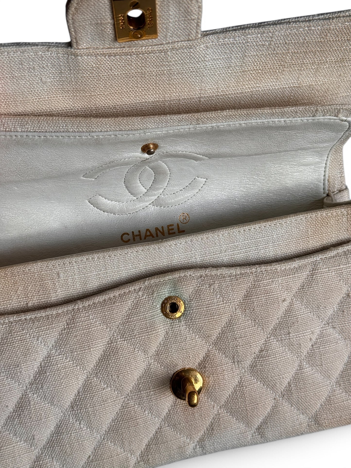 2000s Chanel Beige Jersey Small Double Flap Shoulder Bag with 24k GHW