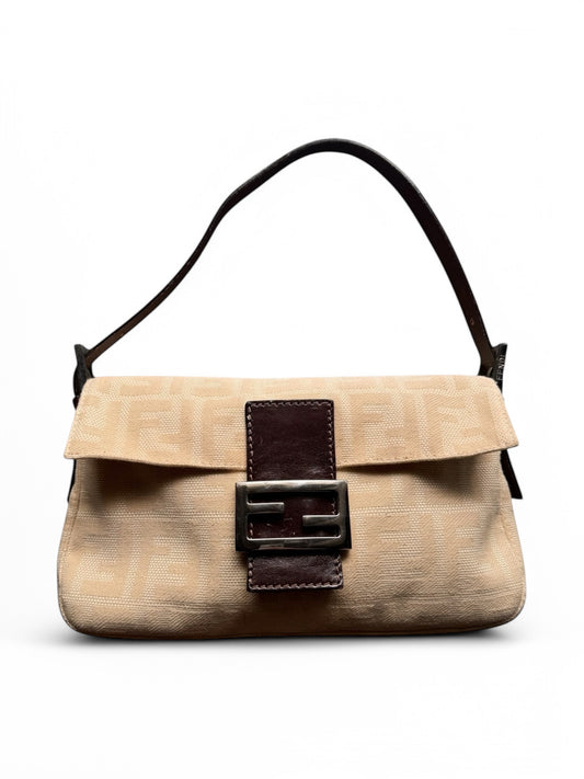 Vintage Fendi Cream Canvas Zucca Baguette Shoulder Bag