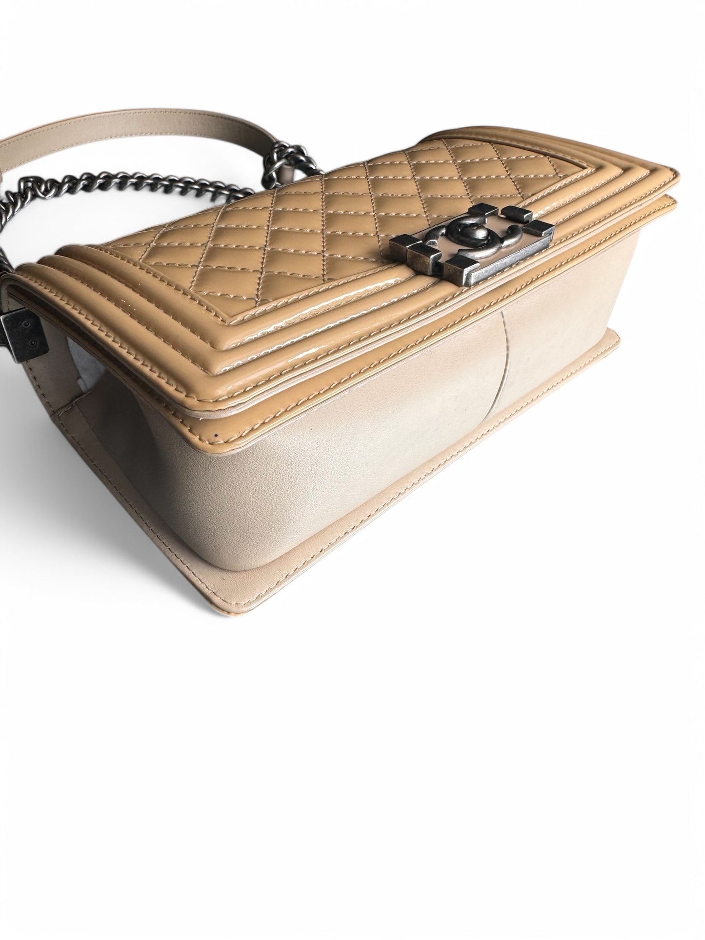 Beige Patent Leather Chanel Medium Boy Bag