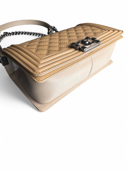 Beige Patent Leather Chanel Medium Boy Bag