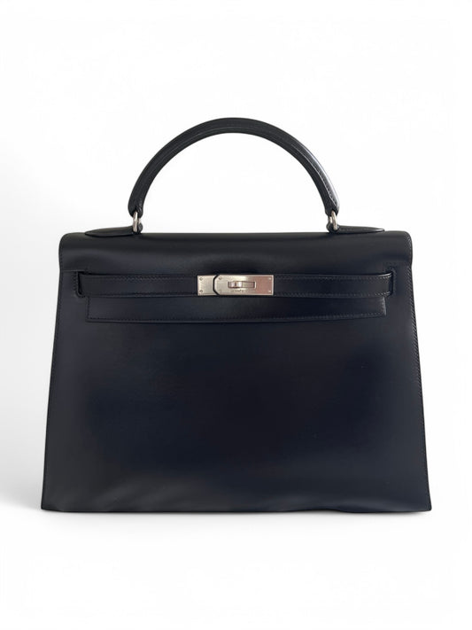 Hermès Kelly Handbag Noir Box Calf With Guilloche Palladium Hardware 32