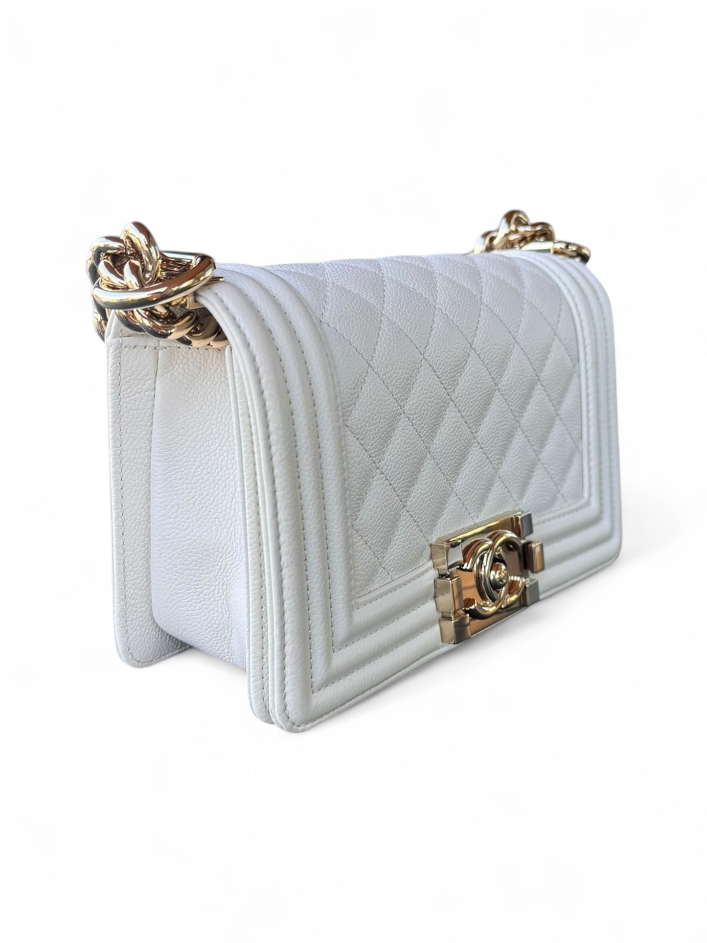 Small White Caviar Leather Chanel Boy Brass HW