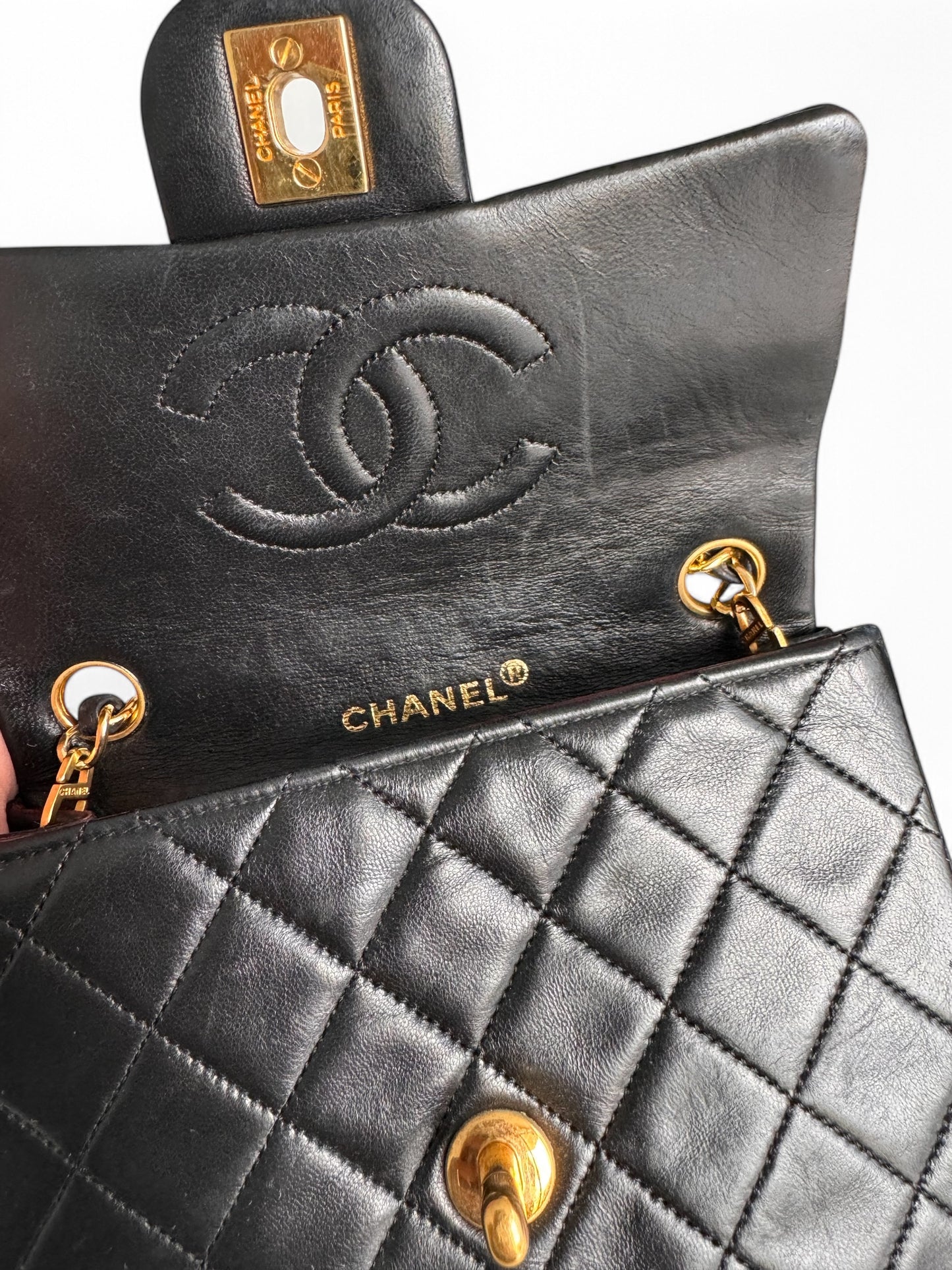 90s Chanel Black Lambskin Mini Square Bag with 24K GHW