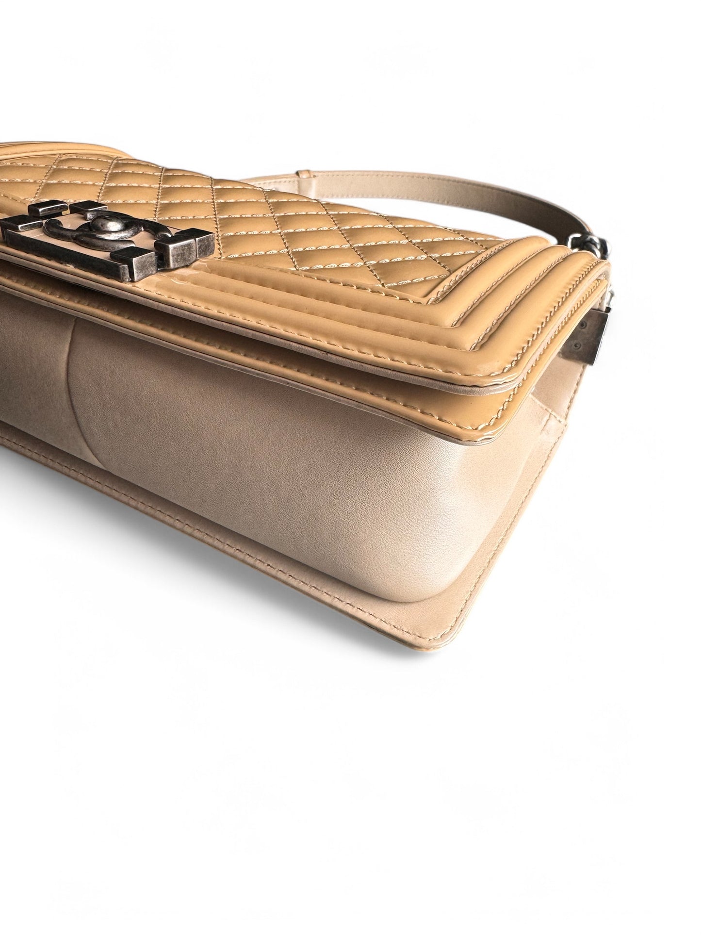 Beige Patent Leather Chanel Medium Boy Bag
