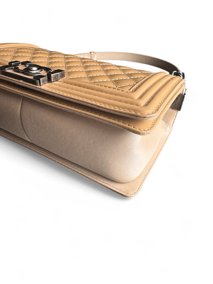 Beige Patent Leather Chanel Medium Boy Bag