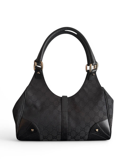 Vintage Gucci Black Leather & Monogram Piston Clasp Closure Jackie Bag