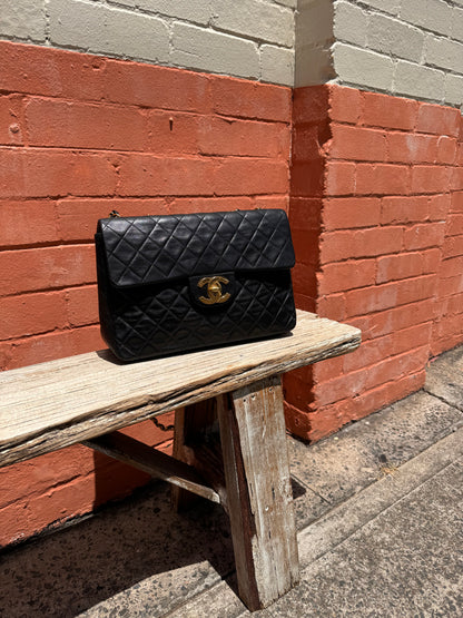 90s Chanel Black Lambskin Leather Maxi with 24k GHW