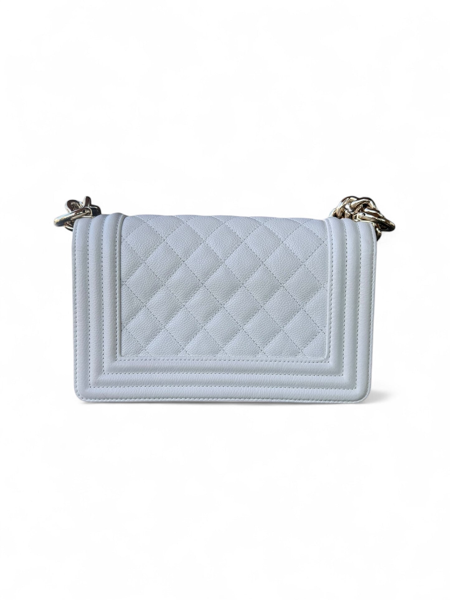 Small White Caviar Leather Chanel Boy Brass HW