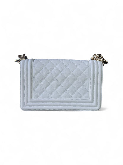 Small White Caviar Leather Chanel Boy Brass HW