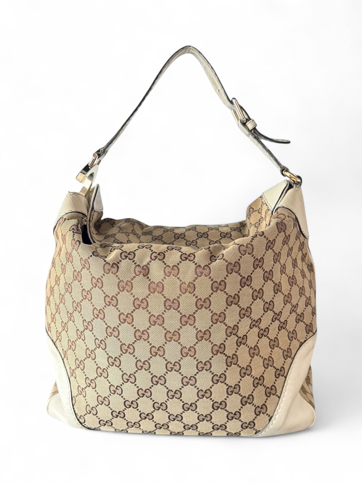 Gucci GG Canvas White Leather Trim Charlotte Hobo bag