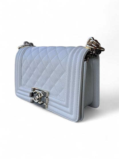Small White Caviar Leather Chanel Boy Brass HW