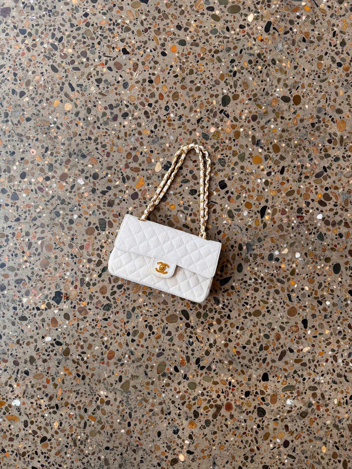 2000s Chanel Beige Jersey Small Double Flap Shoulder Bag with 24k GHW
