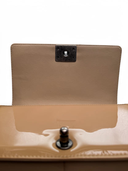 Beige Patent Leather Chanel Medium Boy Bag