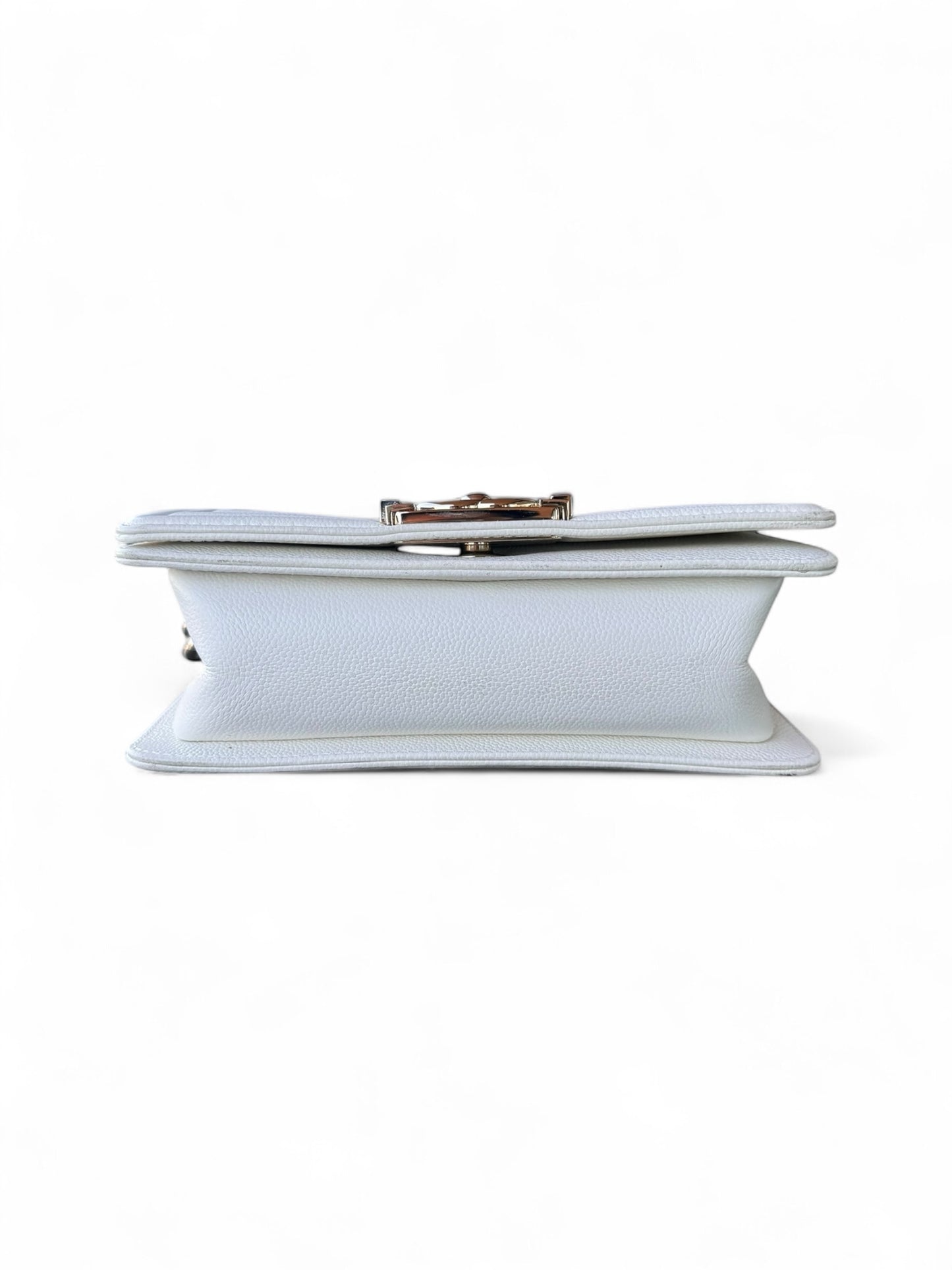 Small White Caviar Leather Chanel Boy Brass HW
