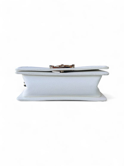 Small White Caviar Leather Chanel Boy Brass HW