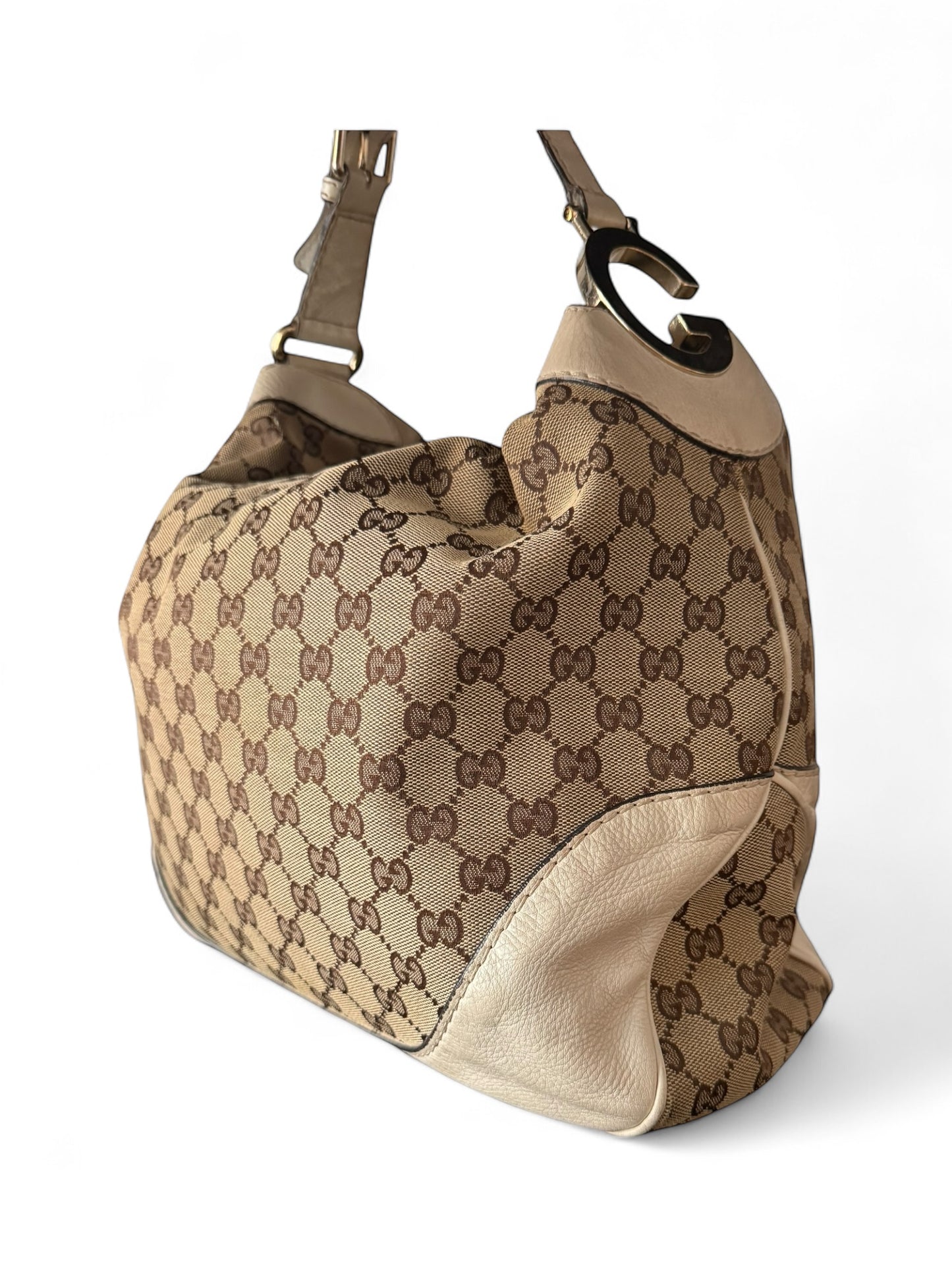 Gucci GG Canvas White Leather Trim Charlotte Hobo bag