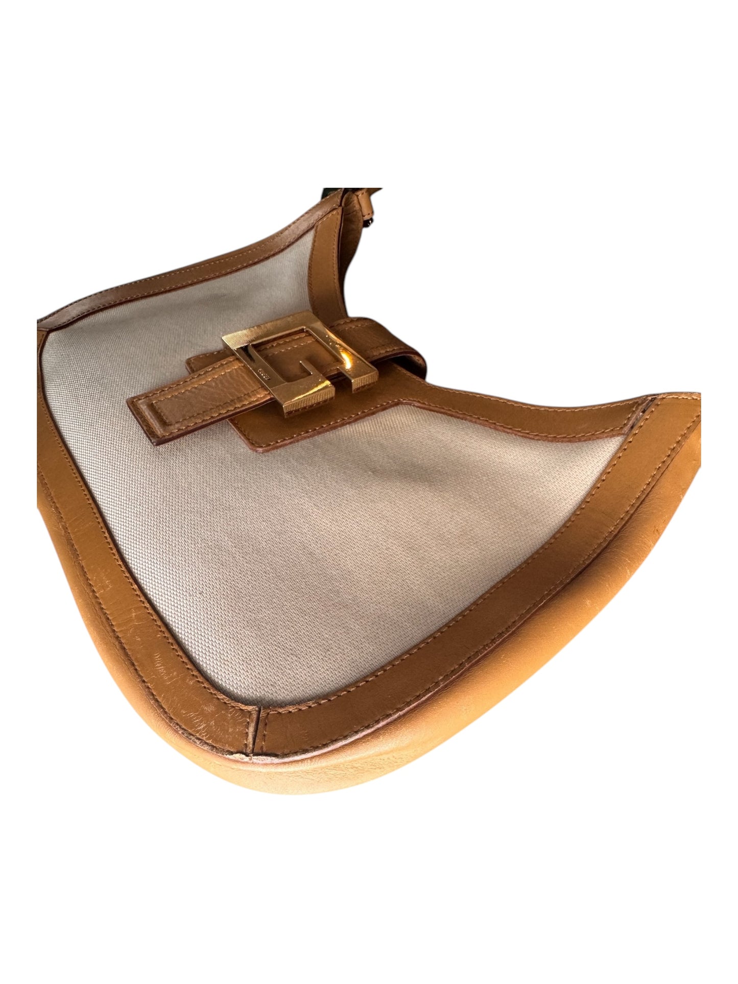 Vintage Tan Leather & Canvas Gucci G Square Buckle Bag