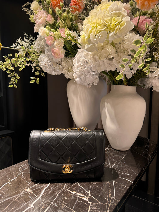90s Chanel Black Lambskin Small Diana Shoulder Bag with 24k GHW