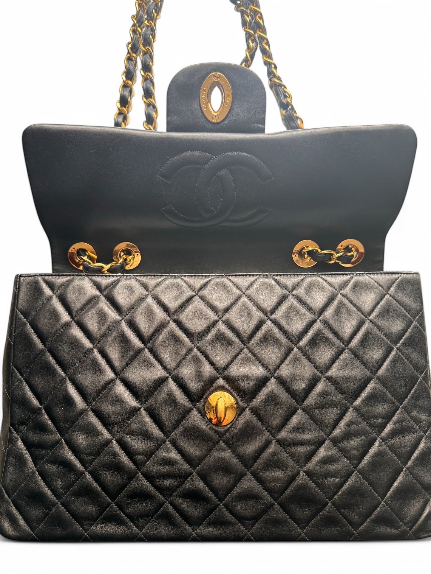 90s Chanel Black Lambskin Leather Maxi with 24k GHW