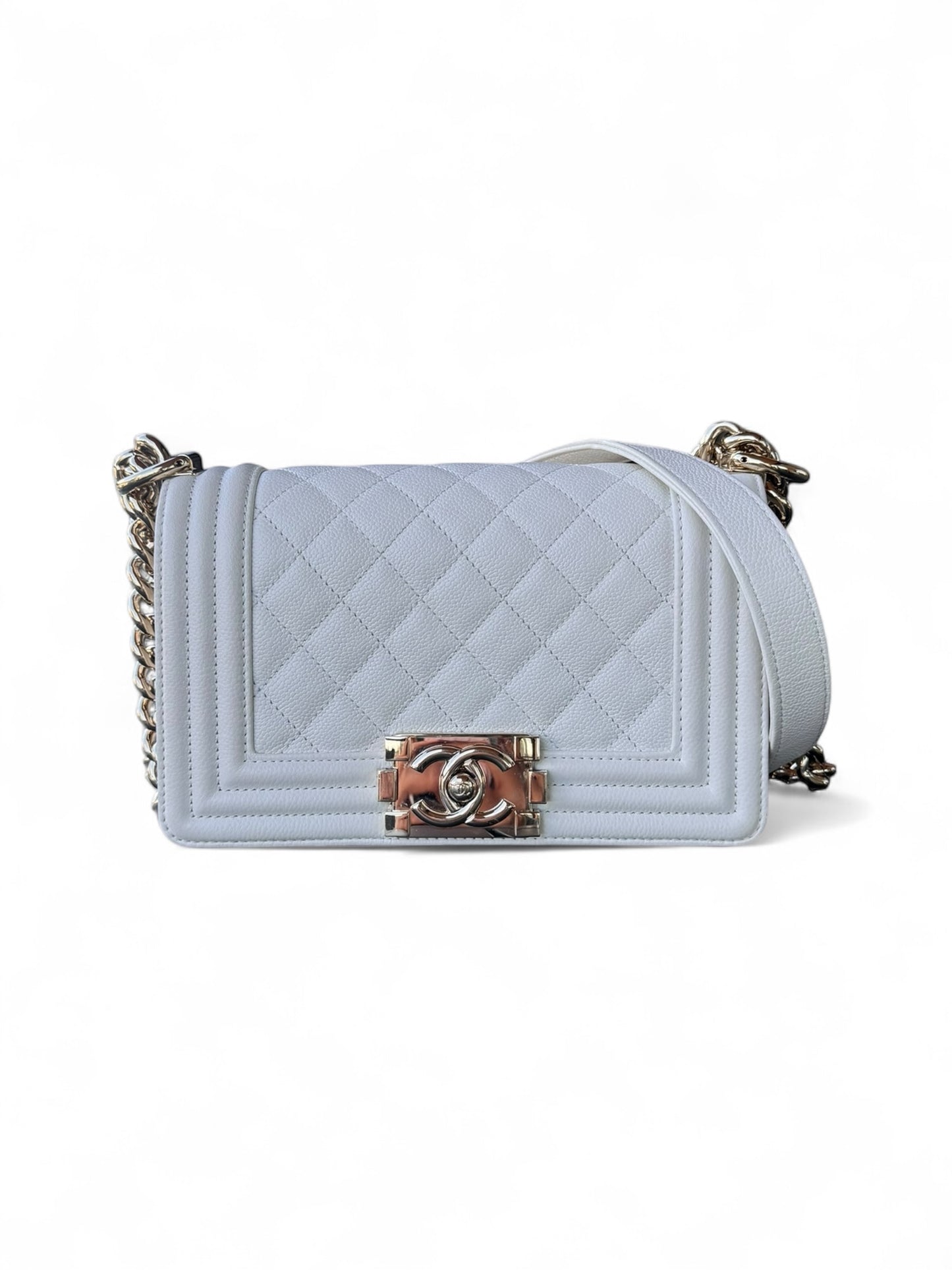 Small White Caviar Leather Chanel Boy Brass HW