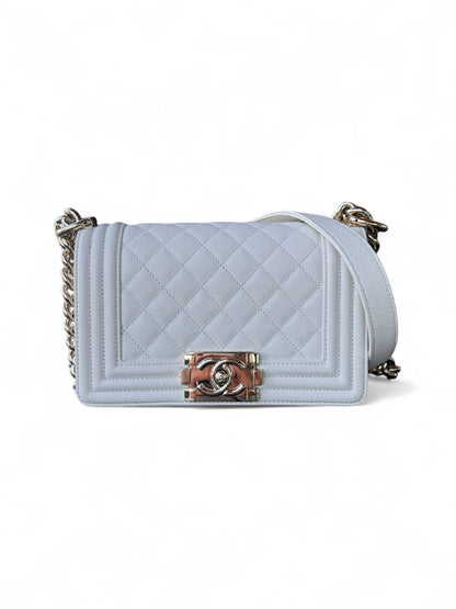 Small White Caviar Leather Chanel Boy Brass HW