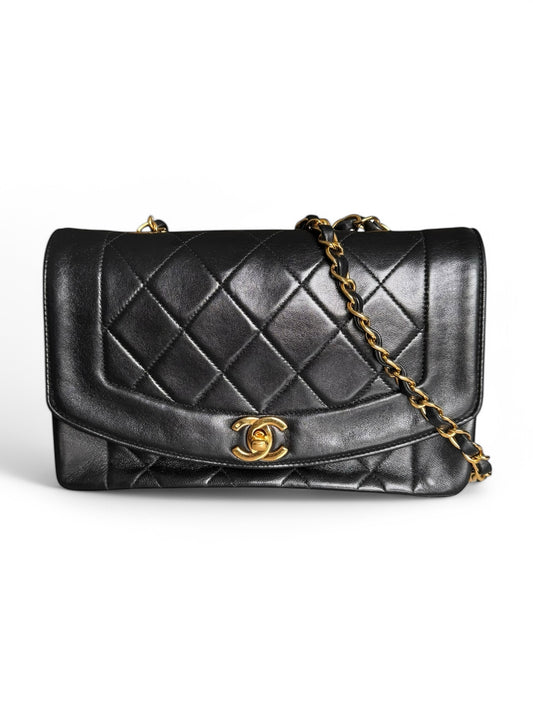 90s Chanel Black Lambskin Small Diana Shoulder Bag with 24k GHW