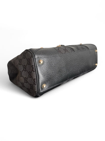 Vintage Gucci Black Leather & Monogram Piston Clasp Closure Jackie Bag