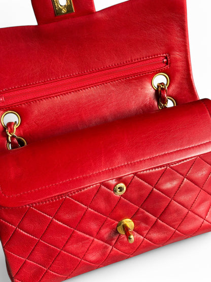 90s Chanel Red Lambskin Small Double Flap Shoulder Bag with 24k GHW