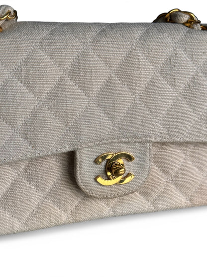 2000s Chanel Beige Jersey Small Double Flap Shoulder Bag with 24k GHW