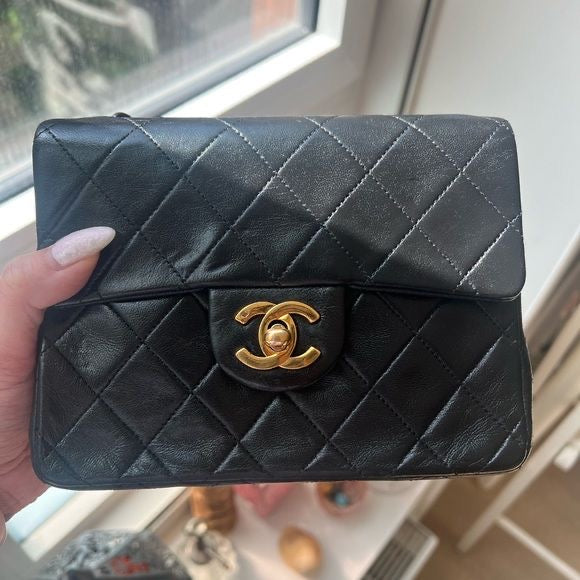 90s Chanel Black Lambskin Mini Square Bag with 24K GHW