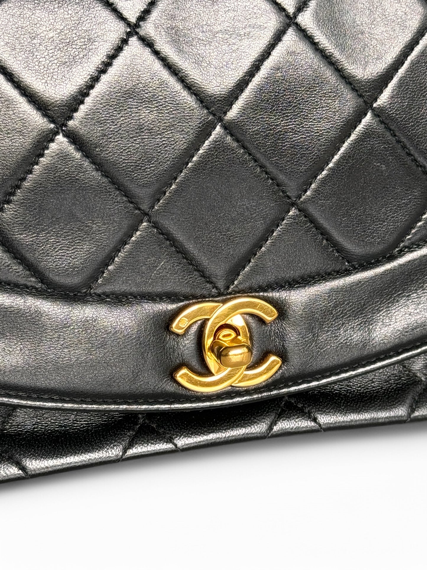 90s Chanel Black Lambskin Small Diana Shoulder Bag with 24k GHW